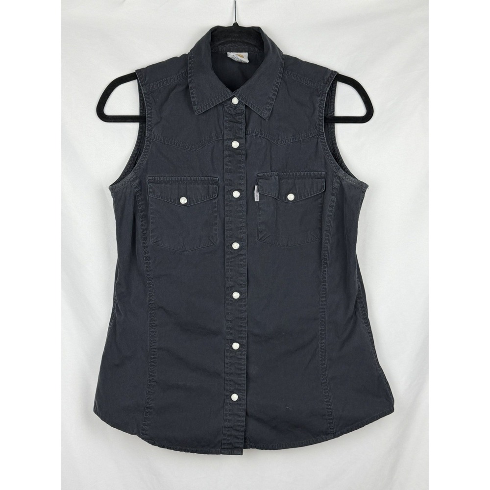 Carhartt Top Womens Medium Black Pearl Snap Sleeveless Button-Up Vest Workwear